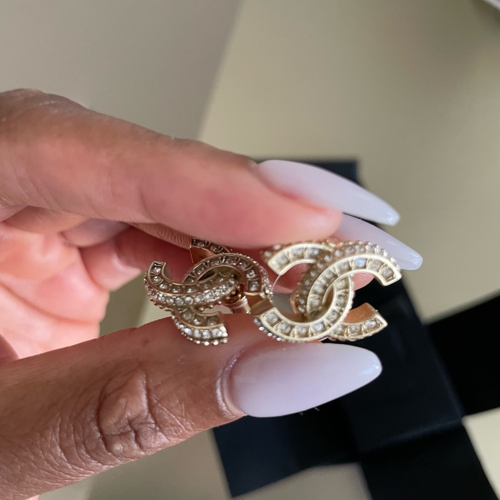 Chanel Crystal Classic CC Logo Gold Tone Earrings